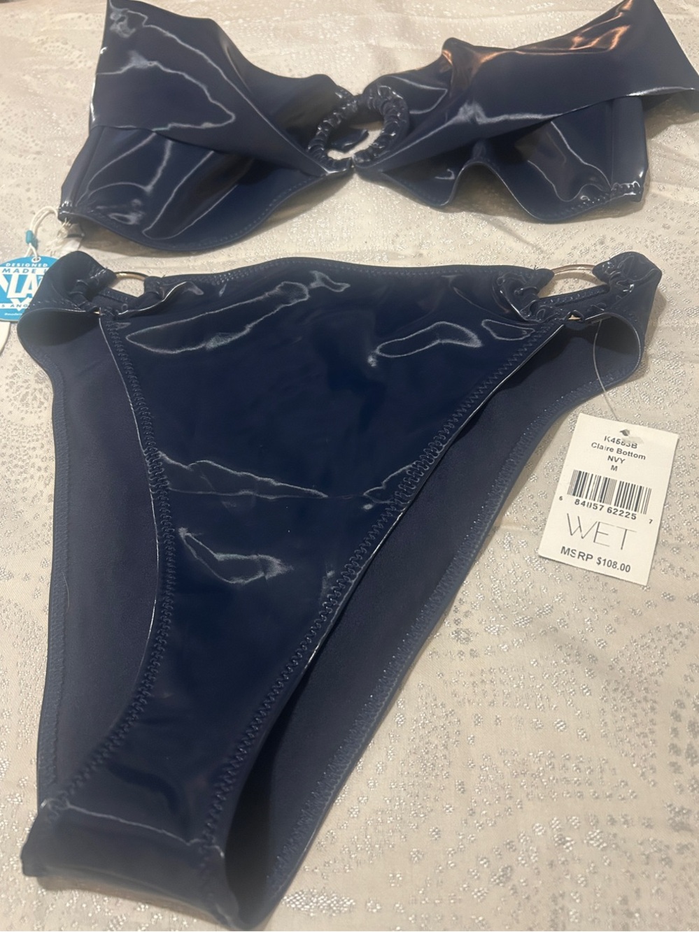 WET SWIMWEAR Off-Shoulder Ring Detail Latex Bikini in Navy Blue - Picture 4 of 9